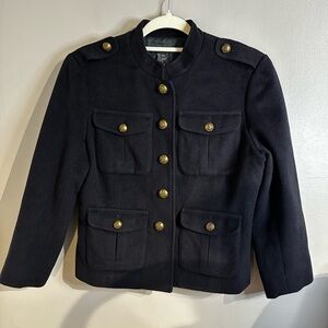 Boston Proper Military Wool Blend Crop Peacoat Navy with Brass Buttons Size 8
